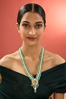 Gold Finish Kundan Polki & Emerald Stone Long Necklace In Sterling Silver
