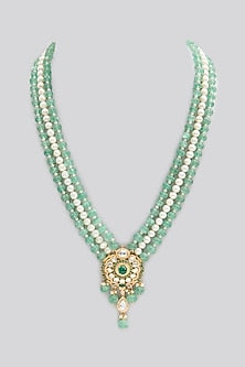 Gold Finish Kundan Polki & Emerald Stone Long Necklace In Sterling Silver