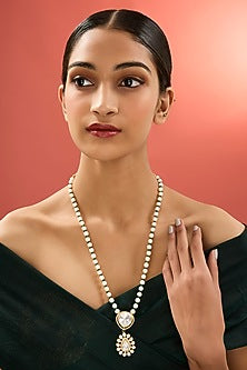Gold Finish Kundan Polki & Pearl Long Necklace In Sterling Silver