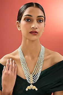 Gold Finish Kundan Polki & Pearl Long Necklace In Sterling Silver