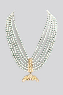 Gold Finish Kundan Polki & Pearl Long Necklace In Sterling Silver