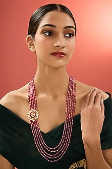 Gold Finish Kundan Polki & Ruby Stone Long Necklace In Sterling Silver