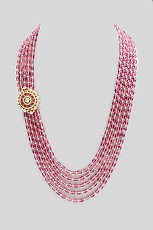 Gold Finish Kundan Polki & Ruby Stone Long Necklace In Sterling Silver
