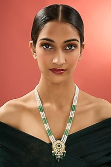 Gold Finish Pearl & Emerald Stone Long Necklace In Sterling Silver