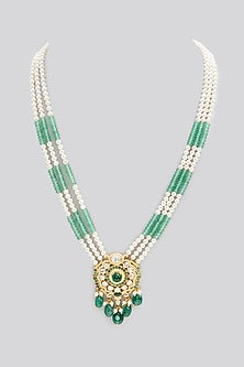 Gold Finish Pearl & Emerald Stone Long Necklace In Sterling Silver