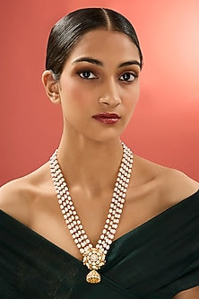 Gold Finish Kundan Polki & Pearl Long Necklace In Sterling Silver