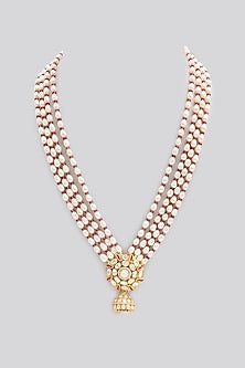 Gold Finish Kundan Polki & Pearl Long Necklace In Sterling Silver