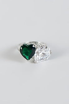 White Finish Green Stone Ring In Sterling Silver