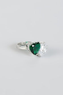 White Finish Green Stone Ring In Sterling Silver