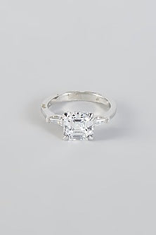 White Finish Cushion-Cut Solitaire Ring In Sterling Silver