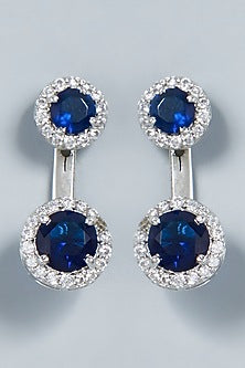 White Finish Blue Swarovski Dangler Earrings In Sterling Silver