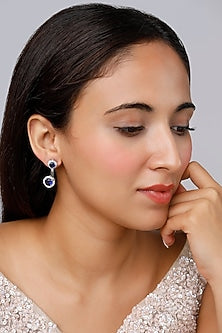 White Finish Blue Swarovski Dangler Earrings In Sterling Silver