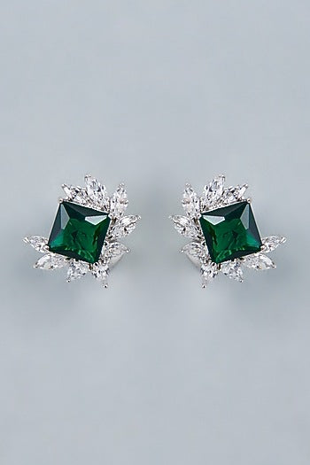 White Finish Green Swarovski Stud Earrings In Sterling Silver