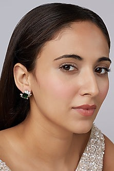 White Finish Green Swarovski Stud Earrings In Sterling Silver