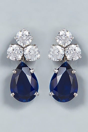 White Finish Blue Swarovski Drop Earrings In Sterling Silver