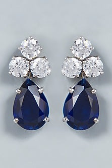 White Finish Blue Swarovski Drop Earrings In Sterling Silver