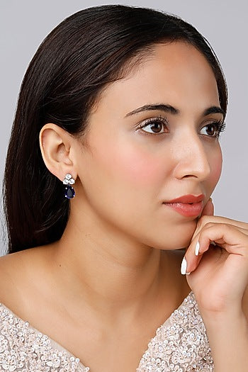 White Finish Blue Swarovski Drop Earrings In Sterling Silver