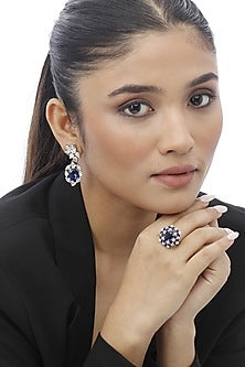 White Finish Sapphire Blue Crystal Dangler Earrings In Sterling Silver