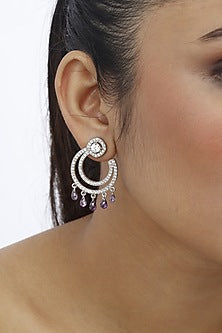 White Finish Purple Stone & Swarovski Chandbali Earrings In Sterling Silver