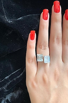 White Finish Swarovski Double Emerald-Cut Ring In Sterling Silver