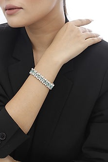 White Finish Swarovski & Aquamarine Stone Bracelet In Sterling Silver