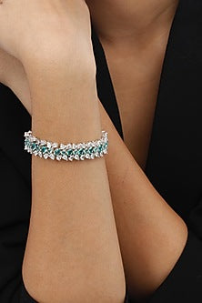 White Finish Swarovski & Aquamarine Stone Bracelet In Sterling Silver