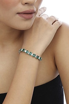 White Finish Green & White Emerald-Cut Swarovski Tennis Bracelet In Sterling Silver