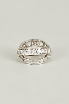White Finish Swarovski Crystals & Baguettes Ring In Sterling Silver