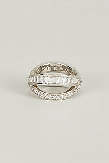 White Finish Swarovski Crystals & Baguettes Ring In Sterling Silver