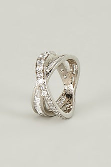 White Finish Swarovski Crystals & Baguettes Ring In Sterling Silver