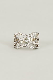 White Finish Criss-Cross Swarovski Crystals Ring In Sterling Silver