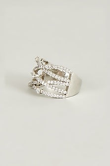 White Finish Criss-Cross Swarovski Crystals Ring In Sterling Silver