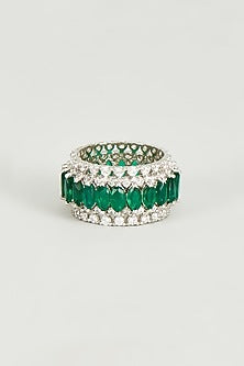 White Finish Swarovski Crystals & Emerald Green Marquise Stones Ring In Sterling Silver