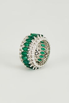 White Finish Swarovski Crystals & Emerald Green Marquise Stones Ring In Sterling Silver