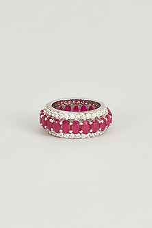 White Finish Swarovski Crystals & Ruby Red Oval Stones Ring In Sterling Silver