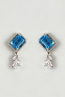 White Finish Swarovski Stones & Aquamarine Crystals Dangler Earrings In Sterling Silver