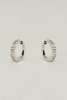 White Finish Baguette Swarovski Crystal Hoop Earrings In Sterling Silver