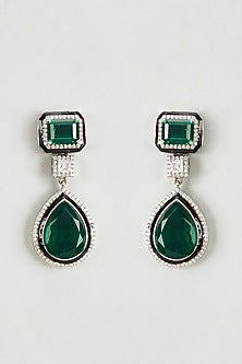 White Finish Swarovski & Emerald Green Stones Meenakari Dangler Earrings In Sterling Silver