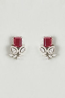 White Finish Ruby Red Swarovski Stone & Marquise Crystal Stud Earrings In Sterling Silver
