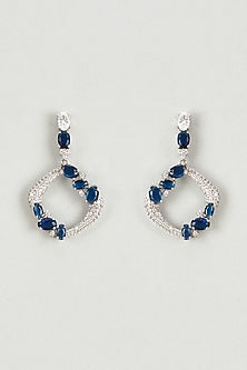 White Finish Swarovski Crystal & Blue Stones Dangler Earrings In Sterling Silver