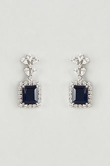 White Finish Swarovski Stone & Blue Crystal Dangler Earrings In Sterling Silver