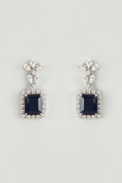 White Finish Swarovski Stone & Blue Crystal Dangler Earrings In Sterling Silver