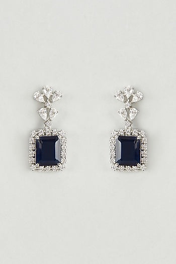 White Finish Swarovski Stone & Blue Crystal Dangler Earrings In Sterling Silver