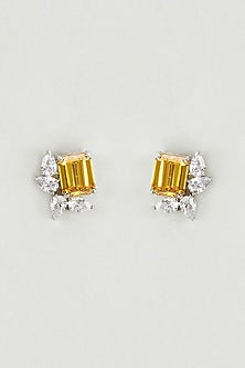 White Finish Swarovski Stone & Yellow Crystal Stud Earrings In Sterling Silver
