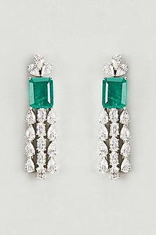 White Finish Swarovski Crystal & Green Gemstone Dangler Earrings In Sterling Silver