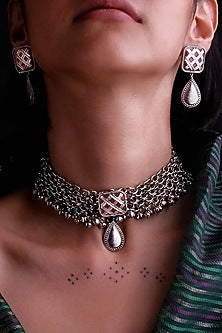 Silver Motifs & Red Stone Enamelled Choker Necklace