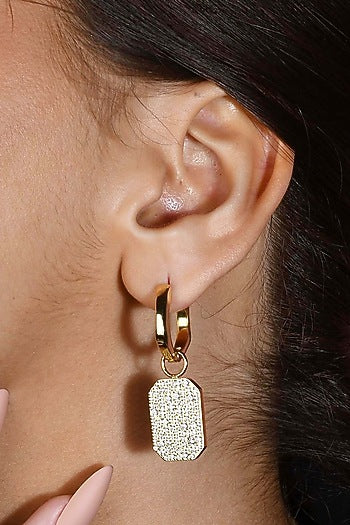 Gold Plated (Water Resistance Premium Plating) Zircon Bullion Charm Huggies Dangler Earrings
