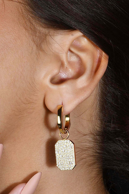 Gold Plated (Water Resistance Premium Plating) Zircon Bullion Charm Huggies Dangler Earrings