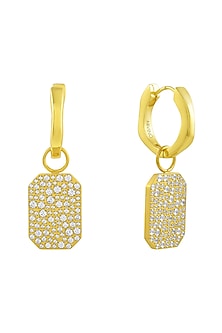 Gold Plated (Water Resistance Premium Plating) Zircon Bullion Charm Huggies Dangler Earrings