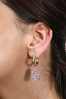 Gold Plated (Water Resistance Premium Plating) Pink Zircon Bullion Charm Huggies Dangler Earrings